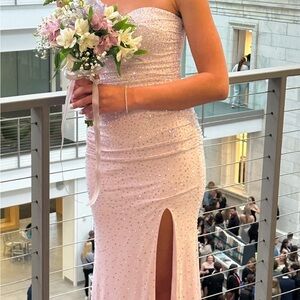 La Femme Strapless Pink Prom Dress with Slit